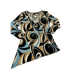 VTG Suzie in the City Blue Brown Swirl Retro Slinky Asymmetrical Tunic Blouse